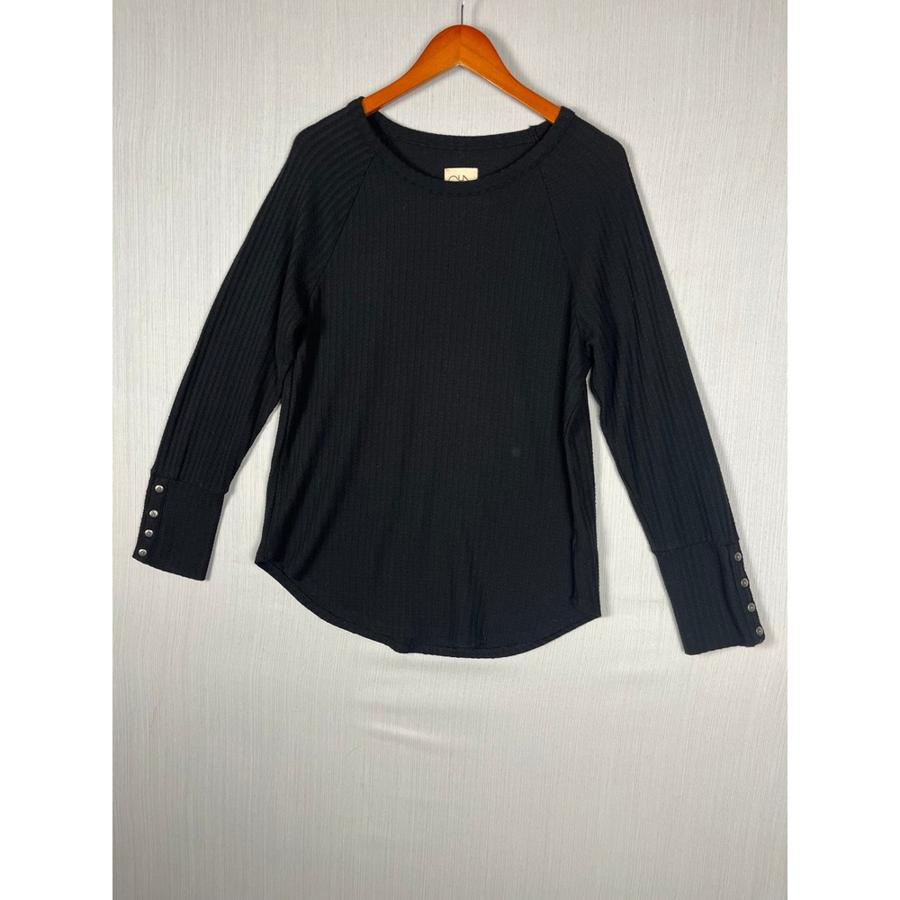 Black Waffle Knit Thermal Womens XL Raglan‎ Metal Button Cuff Casual Cozy